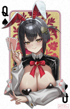 1girl absurdres animal_ear_hairband animal_ears animal_print black_hair black_shrug blush bow breasts card closed_mouth colored_inner_hair commentary facebook_username fake_animal_ears frontless_outfit goddess_of_victory:_nikke hair_between_eyes hair_ornament hairband highres holding holding_card large_breasts latex_shrug looking_at_viewer maridix mismatched_pasties multicolored_hair off_shoulder official_alternate_costume one_side_up open_clothes open_shirt pasties playboy_bunny playing_card queen_(playing_card) queen_of_spades_(playing_card) rabbit_ear_hairband rabbit_ears rabbit_print red_bow red_hair reverse_bunnysuit reverse_outfit rouge_(nikke) rouge_(unlucky_rabbit)_(nikke) shirt short_hair shrug_(clothing) sidelocks smile solo spade_brooch spade_hair_ornament spade_pasties twitter_username upper_body white_shirt yellow_eyes