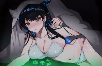 Rule 34 | 1girl, absurdres, bikini, black hair, black horns, blue eyes, blue nails, blush, breasts, chattino (raora panthera), glow-in-the-dark, highres, hololive, hololive english, horns, jailbird (nerissa ravencroft), kotori (takanashi kiara), large breasts, meeko illus, navel, nerissa ravencroft, red eyes, solo, swimsuit, takodachi (ninomae ina'nis), under covers, virtual youtuber, white bikini