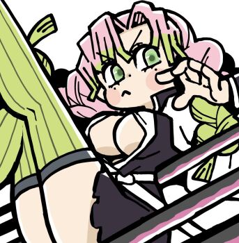 1girl bkub black_haori blush braid breasts cleavage closed_mouth cowboy_shot facing_viewer feet_out_of_frame freckles from_side frown green_eyes green_hair green_thighhighs hand_up haori highres japanese_clothes kanroji_mitsuri kimetsu_no_yaiba large_breasts legs_up long_hair long_sleeves looking_to_the_side multicolored_hair pink_hair solo sword thighhighs thighs weapon white_background