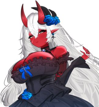Rule 34 | 1girl, akumi (yoclesh), black dress, black nails, breasts, colored skin, dress, flower, hair flower, hair ornament, highres, horns, large breasts, long hair, looking at viewer, original, pointy ears, red skin, shylia, simple background, solo, virtual youtuber, white background, white hair