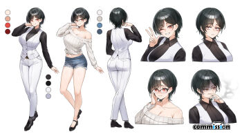 1girl ass bags_under_eyes bare_shoulders black_hair black_shirt black_shoes blue_shorts blush breasts cigarette cleavage collarbone collared_shirt color_guide commentary commission denim denim_shorts eyelashes from_behind full_body glasses hand_on_own_face helandyck highres holding holding_cigarette large_breasts long_sleeves midriff multiple_views navel off-shoulder_sweater off_shoulder one_eye_closed original pants red_eyes reference_sheet shirt shoes short_hair shorts simple_background smile smoke smoking sweater vest w white_background white_pants white_sweater white_vest