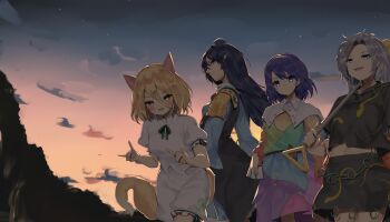 4girls animal_ears black_coat blonde_hair blue_dress blue_hair brown_eyes cape chain_belt cloud cloudy_sky coat collared_shirt corked_bottle dress fox_ears fox_girl fox_shadow_puppet fox_tail frilled_dress frills green_ribbon green_shirt green_skirt hairband hat highres himemushi_momoyo holding holding_shovel iizunamaru_megumu kudamaki_tsukasa long_hair mandarin_collar messy_hair midriff multicolored_dress multicolored_hairband multiple_girls navel outdoors patchwork_clothes pocche-ex pointy_ears rainbow_gradient red_eyes ribbon ribbon_trim romper shirt short_hair short_sleeves shoulder_guard shovel skirt skirt_set sky sky_print sleeveless sleeveless_coat star_(sky) sunset surcoat tail tenkyuu_chimata tokin_hat touhou upper_body white_romper zipper