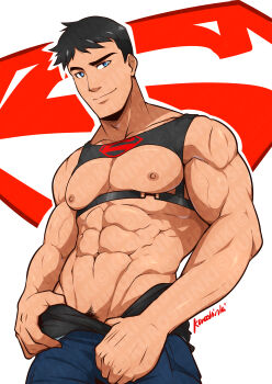 1boy abs absurdres bara black_hair black_shirt blue_eyes blue_pants closed_mouth dc_comics highres kon-el kuroshinki large_pectorals looking_at_viewer male_focus muscular muscular_male navel nipples pants pectorals shirt unworn_shirt short_hair smile solo superboy veins veiny_arms young_justice