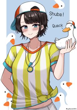 1girl absurdres animal backwards_hat baseball_cap bird black_hair blue_background blue_eyes blush breasts closed_mouth commentary cowboy_shot duck hat highres holding holding_animal hololive looking_at_viewer medium_breasts midriff_peek oozora_subaru oozora_subaru_(1st_costume) parted_bangs shirt short_hair short_sleeves smile solo stopwatch stopwatch_around_neck subatomo_(oozora_subaru) swept_bangs tied_shirt virtual_youtuber watch white_hat yellow_shirt yukaraishin