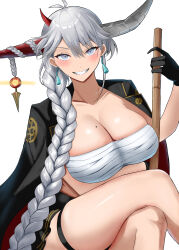 Rule 34 | 1girl, absurdres, alternate costume, animal, animal on shoulder, arm under breasts, asymmetrical horns, azur lane, banchou, bandages, bare legs, black coat, black gloves, black skirt, blue eyes, blush, braid, braided ponytail, breast rest, breasts, chest sarashi, cleavage, coat, commentary request, crossed legs, delinquent, dragon girl, dragon horns, earrings, gloves, grin, hair between eyes, hair over shoulder, hakuryuu (azur lane), hand up, highres, horns, jewelry, large breasts, long hair, looking at viewer, miniskirt, mole, mole on breast, pleated skirt, sakura empire (emblem), sarashi, sitting, skirt, slit pupils, smile, solo, soul (dp11), thigh strap, thighs, very long hair, white hair