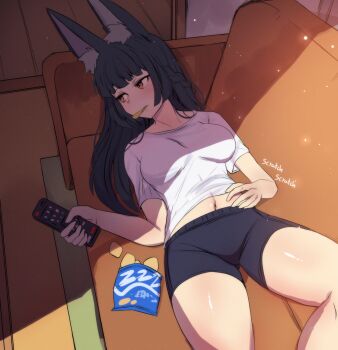 1girl absurdres animal_ears bag_of_chips black_hair black_shorts braid breasts brown_eyes chips_(food) commentary controller couch english_commentary food fox_ears highres hinghoi holding holding_remote_control hoshimi_miyabi indoors long_hair lying medium_breasts midriff navel on_back potato_chips remote_control shirt short_shorts shorts solo thighs white_shirt zenless_zone_zero