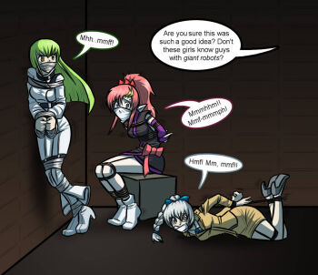 3girls blue_eyes bound bound_ankles bound_arms bound_legs bound_wrists breasts c.c. cloth_gag code_geass english_text gag gagged green_hair gundam gundam_seed high_heels hogtie improvised_gag lacus_clyne legs looking_at_viewer medium_breasts multiple_girls over_the_nose_gag pink_hair rope struggling sweat tape tape_bondage tape_gag teletha_testarossa thighs white_hair wossarem yellow_eyes