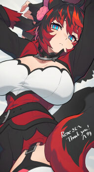 1girl animal_ears arms_behind_head belt black_belt black_gloves black_hair blue_eyes breasts breasts_apart commission fingerless_gloves flower framed_breasts garter_straps gloves hair_flower hair_ornament hata4564 highres large_breasts looking_at_viewer multicolored_eyes multicolored_hair original pink_flower red_eyes red_hair red_shirt shirt short_hair skeb_commission solo tail white_shirt