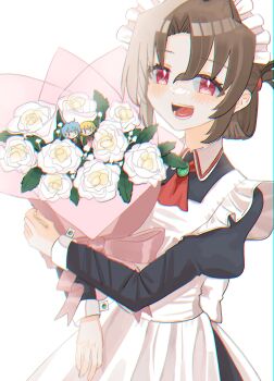 1girl absurdres apron ayasaki_hayate blonde_hair blush bouquet brown_hair doll dress flower folded_ponytail hayate_no_gotoku! highres holding holding_bouquet long_hair maid maid_headdress maria_(hayate_no_gotoku!) open_mouth red_eyes sanzen'in_nagi smile solo twintails white_background