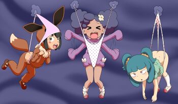 >_< 3girls :o afro afro_puffs animal_costume animal_ears animal_hood arched_back arm_flapping arms_up aroused ass ass_focus atomic_wedgie bent_over black_hair blue_hair blue_panties blush blush_stickers bob_cut bow breasts brown_eyes brown_pants brown_shirt brown_shoes bullying butt_crack cameltoe clenched_hand clenched_hands closed_eyes clothes_lift clothes_pull cosplay dangling_arms foot_dangle dark-skinned_female dark_skin dimples_of_venus dot_nose dress dress_lift eevee eevee_(cosplay) eevee_ears eevee_tail eyebrows eyes_rolling_up fake_animal_ears fake_tail female_focus flapping flower fluffy fluffy_collar fox_costume fox_ears fox_tail frontal_wedgie full_body gen_1_pokemon ghost green_dress green_hairband hair_between_eyes hair_flower hair_ornament hairband hands_up hanging hanging_legs hanging_wedgie hilary_(pokemon) hood hood_up hoodie humiliation invisible knees knees_together_feet_apart leg_lift legs legs_together legs_up loli long_sleeves long_twintails looking_to_the_side loose_socks medium_hair misaeldm multiple_girls multiple_panties nervous nintendo object_on_head open_mouth orange_scrunchie panties panties_on_head pants pants_pull panty_pull partially_visible_vulva petite poke_kid_(pokemon) pokemon pokemon_(anime) pokemon_sword_and_shield poketoon puffy_hair puffy_short_sleeves puffy_sleeves purple_background purple_hair purple_polka_dots red_eyes red_polka_dots red_shoes restrained rolling_eyes scared screaming scrunchie shadow shirt shirt_lift shoes short_hair short_sleeves short_twintails shy sleeves_past_fingers sleeves_past_wrists socks stretched_panties stretched_underwear stretching stretching_panties stretching_underwear stuck submission tail teeth thighs top-down_bottom-up twintails underwear underwear_on_head upper_teeth_only vashti_(pokemon) wedgie white_bow white_panties white_socks wide_mouth