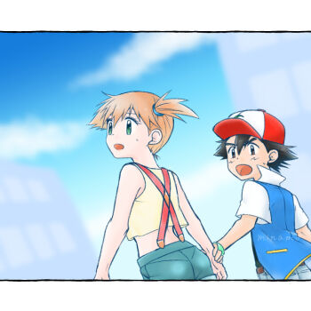 1boy 1girl ash_ketchum ass asymmetrical_hair baseball_cap belt belt_buckle black_hair blue_jacket blush brown_belt brown_eyes buckle cloud day denim denim_shorts eyelashes green_eyes green_shorts hair_between_eyes hair_tie hat holding_another's_wrist holding_hands jacket looking_back misty_(pokemon) nintendo open_clothes open_jacket open_mouth orange_hair outdoors pants pokemon pokemon_(anime) pokemon_(classic_anime) ponytail shirt short_hair short_sleeves shorts side_ponytail sky sleeveless sleeveless_jacket sleeveless_shirt suspenders sweat sweatdrop tongue yellow_shirt