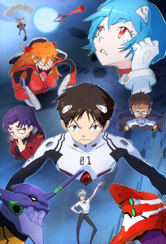 absurdres ayanami_rei black_pants blue_eyes blue_hair bodysuit breasts brown_eyes brown_hair crazy_smile determined earrings eva_01 eva_02 evangelion_(mecha) frown glasses gloves grey_hair grin hand_on_own_chin highres ikari_gendou ikari_shinji jacket jewelry katsuragi_misato lance_of_longinus_(evangelion) looking_up lotsalalalas makinami_mari_illustrious mecha_pilot_suit moon nagisa_kaworu neon_genesis_evangelion night night_sky orange_hair pants parachute plugsuit_(evangelion) purple_hair red_bodysuit red_eyes red_jacket red_skirt shirt shoes skirt sky smile souryuu_asuka_langley thighhighs white_gloves white_shirt