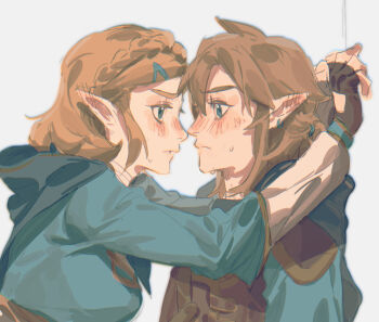 1boy 1girl against_wall blue_eyes blue_tunic blush braid brown_gloves brown_hair commentary_request earrings fingerless_gloves gloves grey_background hair_ornament hairclip hetero highres imminent_kiss jewelry link nintendo parted_lips pointy_ears princess_zelda simple_background sumooo_(ga_ilil) the_legend_of_zelda the_legend_of_zelda:_breath_of_the_wild tunic
