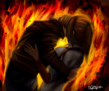 Rule 34 | 1boy, 1girl, claire redfield, fire, hetero, kiss, leon s. kennedy, lowres, resident evil, resident evil 2