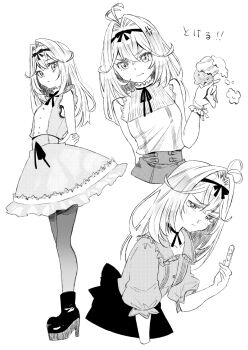 Rule 34 | 1girl, antenna hair, closed mouth, commentary request, dress, food, full body, greyscale, hair ribbon, highres, holding, holding ice cream cone, ice cream, ice cream cone, ice cream cone spill, jj (ssspulse), long hair, looking at viewer, meitantei precure!, monochrome, moria luluka, multiple scoops, multiple views, pantyhose, precure, ribbon, solo, tearing up, translation request