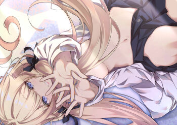 1girl blonde_hair blue_eyes blunt_bangs blush bow breasts cover cover_page hair_ribbon highres large_breasts long_hair long_sleeves looking_at_viewer luna_lia lying navel novel_cover novel_illustration official_art on_back original ribbon shirt smile white_shirt
