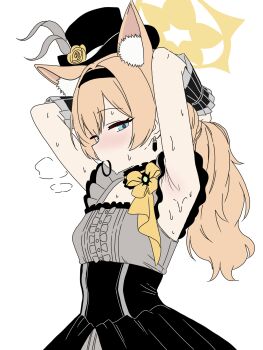 1girl animal_ear_fluff animal_ears armpit_crease armpits arms_behind_head black_dress black_hairband black_hat black_wrist_cuffs blue_archive blue_eyes blush cat_ears cat_girl center_frills choker closed_mouth commentary_request cowboy_shot dress earrings extra_ears flat_color flower frilled_choker frilled_dress frills grey_dress hair_between_eyes hair_intakes hair_tie_in_mouth hairband half-closed_eyes halo hat hat_flower highres idol idol_clothes jewelry looking_at_viewer low_twintails mari_(blue_archive) mari_(idol)_(blue_archive) mouth_hold official_alternate_costume official_alternate_hairstyle orange_hair presenting_armpit rose sidelocks sleeveless sleeveless_dress solo suzu_nyan18 sweat top_hat twintails two-tone_dress wrist_cuffs yellow_flower yellow_halo yellow_rose