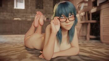 1girl 3d adjusting_eyewear ass barefoot blender_(medium) blue_eyes blue_hair blurry blush breasts female_byleth_(fire_emblem) carpet chair cleavage completely_nude depth_of_field desk feet fire_emblem fire_emblem:_three_houses glasses hair_between_eyes hairband hand_up highres j9006 long_hair looking_at_viewer lying nintendo nude on_stomach red_hairband soles solo the_pose thighs toes window