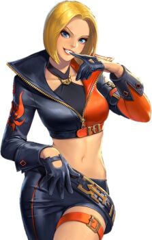 1girl blonde_hair blue_eyes blue_mary breasts curvy female_focus jacket large_breasts pants short_hair standing the_king_of_fighters the_king_of_fighters_all-stars thick_thighs thighs undressing wide_hips