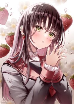 1girl black_hair black_shirt blush bow breasts flower food fruit green_eyes hair_between_eyes hair_ornament highres long_hair long_sleeves looking_at_viewer original parted_lips red_bow red_sailor_collar sailor_collar sakura_hiyori school_uniform shirt solo strawberry upper_body