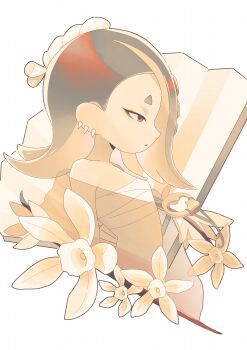1girl absurdres asakura_sara blonde_hair chest_sarashi cropped_torso ear_piercing flower from_side highres nintendo piercing sarashi shiver_(splatoon) solo splatoon_(series) splatoon_3 tentacle_hair upper_body vanilla vanilla_(plant) white_background
