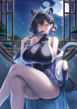 1girl animal_ears black_dress blue_archive blue_halo breasts china_dress chinese_clothes clothing_cutout colored_inner_hair crossed_legs dress extra_ears eyeliner hair_bun hair_ornament halo hand_fan highres holding holding_fan huge_breasts kaguya_(blue_archive) makeup multicolored_hair panther_ears panther_girl panther_tail qipao_dress red_eyeliner bad_tag side_cutout sideboob single_hair_bun sleeveless sleeveless_dress sleeveless_turtleneck_dress solo suigetu26 tail tassel tassel_hair_ornament thick_thighs thighs