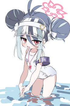 1girl absurdres antenna_hair armband blue_archive blue_hair breasts double_bun fubuki_(blue_archive) fubuki_(swimsuit)_(blue_archive) hair_between_eyes hair_bun halo highres multicolored_hair natsukari_na official_alternate_costume one-piece_swimsuit pink_halo purple_armband red_eyes school_swimsuit small_breasts solo swimsuit visor_cap wading water whistle whistle_around_neck white_one-piece_swimsuit