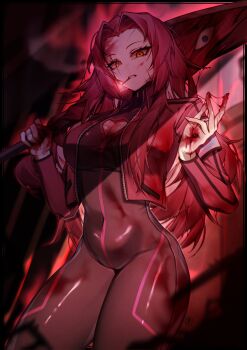 1girl black_background blood bodysuit breasts cigarette cleavage cleavage_cutout clothing_cutout coat commentary covered_navel e.g.o_(project_moon) english_commentary gebura_(project_moon) grey_eyes hair_intakes hair_over_shoulder heterochromia highres holding holding_weapon jacket kali_(project_moon) knees_out_of_frame large_breasts living_weapon lobotomy_corporation long_hair long_sleeves looking_at_viewer mimicry_(e.g.o) open_clothes open_jacket over_shoulder parted_bangs project_moon red_bodysuit red_hair red_jacket red_theme scar scar_across_eye scar_on_face sidelocks simple_background smoke smoking suillus thighs weapon weapon_over_shoulder yellow_eyes