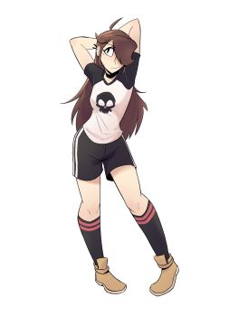 Rule 34 | 1girl, ahoge, arms behind head, arms up, black eyes, black shorts, black socks, boots, breasts, brown boots, brown hair, closed mouth, commentary, ear piercing, english commentary, full body, hair over one eye, highres, kneehighs, long hair, mannys art, original, piercing, shirt, short sleeves, shorts, simple background, small breasts, socks, solo, t-shirt, white background