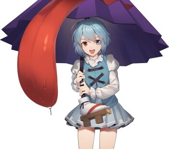 Rule 34 | 1girl, blue eyes, blue hair, blue skirt, blue vest, cowboy shot, eho (icbm), game cg, geta, heterochromia, holding, holding umbrella, juliet sleeves, karakasa obake, labyrinth of touhou (series), labyrinth of touhou tri, long sleeves, miniskirt, non-web source, official art, open mouth, puffy sleeves, purple umbrella, red eyes, saliva, second-party source, shirt, short hair, skirt, solo, tatara kogasa, tongue, tongue out, touhou, transparent background, umbrella, vest, white shirt