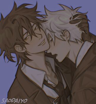 2boys alternate_costume artist_name belt bite_mark bite_mark_on_neck black_belt black_gloves black_hair black_jacket black_necktie blue_background blush brown_eyes cheng_xiaoshi chest_belt collared_shirt commentary english_commentary formal_clothes gloves hair_between_eyes hand_in_another&#039;s_hair hand_on_another&#039;s_head highres jacket looking_at_viewer lu_guang male_focus messy_hair multiple_boys necktie open_clothes open_mouth parted_lips ponytail shiguang_dailiren shirt short_hair short_ponytail simple_background smile suit teeth upper_body white_hair white_shirt xiiverio yaoi