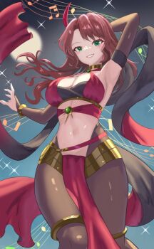 1girl alternate_costume armpits bare_shoulders blush bracelet breasts bridal_gauntlets bridal_legwear brown_hair choker cleavage criss-cross_halter dancer dancing detached_sleeves dorothea_arnault dorothea_arnault_(plegian) fire_emblem fire_emblem:_three_houses fire_emblem_heroes full_moon gold_choker green_eyes grin hair_ornament halterneck harem_outfit highres jewelry large_breasts loincloth long_hair looking_at_viewer moon musical_note navel nintendo open_mouth pantyhose pelvic_curtain smile solo stomach tarutaru193