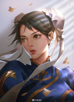 1girl blue_dress brown_eyes bun_cover capcom chun-li double_bun dress eyelashes grey_background hair_bun kdash leaf looking_to_the_side parted_lips sidelighting solo street_fighter upper_body