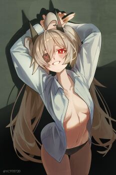 1girl absurdres arms_behind_head arms_up black_horns black_panties blush breasts brown_hair djmax djmax_respect eyepatch fail_(djmax) hair_between_eyes highres horns long_hair long_sleeves looking_at_viewer medium_breasts navel open_clothes open_shirt panties red_eyes shirt smile solo standing thigh_gap thighs twitter_username underwear very_long_hair white_shirt yc97