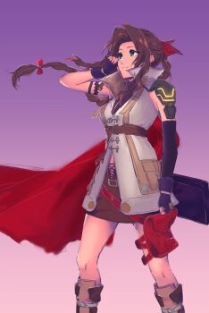 1girl aerith_gainsborough armband armor asymmetrical_gloves boots braid braided_ponytail breasts brown_hair brown_skirt cape cosplay feet_out_of_frame final_fantasy final_fantasy_vii final_fantasy_vii_remake final_fantasy_xiii fingerless_gloves gloves gradient_background green_eyes hair_ribbon hand_in_own_hair highres kivavis lightning_farron lightning_farron_(cosplay) long_hair looking_up medium_breasts parted_bangs pink_background popped_collar pouch purple_background red_cape red_ribbon ribbon sakamoto_maaya shirt shoulder_armor sidelocks skirt sleeveless sleeveless_shirt smile solo square_enix standing thigh_pouch voice_actor_connection wavy_hair white_shirt