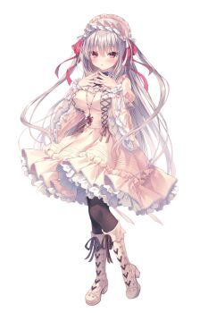 Rule 34 | 1girl, boots, dress, full body, hairband, high heel boots, high heels, lolita fashion, lolita hairband, long hair, looking at viewer, own hands together, red eyes, rubi-sama, saki (rubi-sama), solo, tachi-e, transparent background, very long hair, white dress, white hair, yume utsutsu quintet