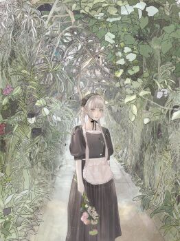 1girl apron black_dress black_hairband braid braided_twintails chinstrap closed_mouth dress earrings flower frilled_apron frills greenhouse grey_eyes grey_hair hairband highres holding holding_flower jewelry lace_hairband lolita_fashion long_dress long_hair looking_at_viewer original plant puffy_short_sleeves puffy_sleeves purupurualiens short_sleeves solo standing star_(symbol) twin_braids twintails waist_apron white_apron wide_shot