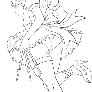 1girl absurdres alx_draws ass ass_focus back_bow bow breasts close-up dress highres izayoi_sakuya knife knife_sheath leg_focus legs lineart medium_breasts ribbon sheath sideboob touhou transparent_background