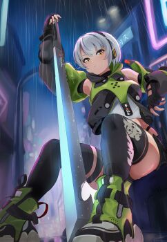 1girl absurdres anby_demara arm_rest arm_up bare_shoulders bbonk64 black_gloves black_shoes black_shorts black_skirt black_thighhighs building city closed_mouth commentary crop_top detached_sleeves fingerless_gloves fingernails foot_out_of_frame from_below gloves green_jacket green_shoes grey_hair hand_on_hilt hand_up headphones highres hood hooded_jacket jacket long_sleeves looking_at_viewer looking_down midriff miniskirt multicolored_jacket multicolored_shoes night outdoors panty_straps planted planted_sword planted_weapon puffy_long_sleeves puffy_sleeves rain shirt shoes short_hair shorts shorts_under_skirt sitting skirt sleeveless sleeveless_jacket sneakers solo sword thighhighs two-tone_jacket two-tone_shoes upskirt weapon wet wet_hair white_shirt white_shoes yellow_eyes zenless_zone_zero