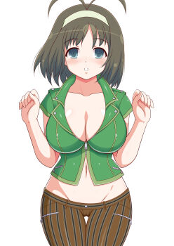 1girl absurdres antenna_hair blue_eyes blush bob_cut breasts brown_hair brown_pants cameltoe casual cleavage collarbone commentary english_commentary green_hairband green_jacket groin hairband helltzujih highres jacket large_breasts linea_alba looking_at_viewer medium_hair navel open_mouth pants partially_unzipped pinstripe_pants pinstripe_pattern senran_kagura senran_kagura_new_wave short_sleeves solo syuri_(senran_kagura) zipper zipper_pull_tab