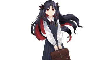 Rule 34 | 1girl, belt, black belt, black dress, black hair, black ribbon, closed mouth, colored inner hair, cowboy shot, dress, emblem, fate/grand order, fate (series), floating hair, hair ribbon, holding, holding suitcase, ishtar (fate), long hair, long sleeves, looking at viewer, multicolored hair, neck ribbon, non-web source, official art, parted bangs, pleated dress, puffy long sleeves, puffy sleeves, red eyes, red hair, red ribbon, ribbon, sailor collar, school uniform, shirt, sidelocks, simple background, smile, solo, space ishtar (fate), space ishtar (young) (fate), standing, suitcase, transparent background, two-tone hair, two side up, wavy hair, white shirt