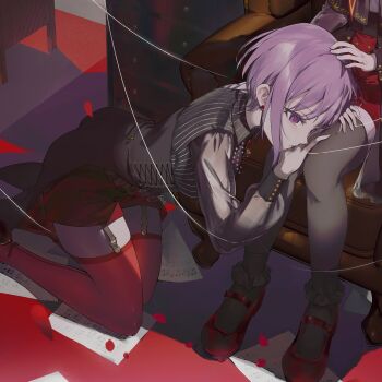 2girls amano_(amn_amn) amoris_(bang_dream!) ankle_socks armchair back-seamed_legwear bang_dream! bang_dream!_it&#039;s_mygo!!!!! black_corset black_pantyhose black_shirt black_socks buttons chair chest_of_drawers coattails commentary corset couple cropped double-breasted expressionless falling_petals frilled_socks frills garter_straps hand_on_another&#039;s_head hands_on_another&#039;s_thighs hashtag-only_commentary headpat highres kneeling knees_together_feet_apart lap_pillow leaning_on_person long_sleeves mary_janes mortis_(bang_dream!) mortis_(costume)_(bang_dream!) multiple_girls on_chair out_of_frame pantyhose pantyhose_under_shorts petals pinstripe_pattern pinstripe_shirt puppet_strings purple_eyes purple_hair red_petals red_shoes red_shorts red_thighhighs rose_petals seamed_legwear see-through_clothes see-through_sleeves sheet_music shirt shoes short_hair short_shorts shorts sidelocks sitting sleeve_cuffs socks socks_over_pantyhose solo_focus thighhighs two-sided_fabric wakaba_mutsumi yuri yuutenji_nyamu