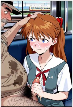 ai-generated blush covering_own_mouth cum cum_in_mouth exibitionism highres homeless neon_genesis_evangelion old old_man sexual_harassment shocked_pupils souryuu_asuka_langley train