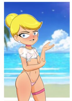beach bikini blonde_hair blue_eyes blush cloud hair_bun leg_strap lola_loud loli looking_at_viewer see-through_clothes see-through_shirt shirt sky smile standing swimsuit the_loud_house valker wet wet_clothes wet_shirt