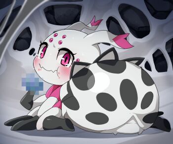 Rule 34 | 1girl, arthropod girl, blush, bug, censored, colored skin, dagasi, eating, highres, kumo desu ga nani ka?, kumoko (kumo desu ga nani ka?), mosaic censoring, solo, spider