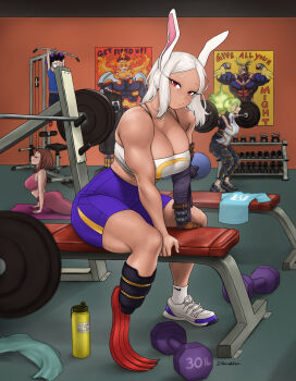 1boy 3girls absurdres all_for_one_(boku_no_hero_academia) all_might amputee animal_ears arched_back artist_name bare_shoulders bench_press blue_shirt blush_stickers boku_no_hero_academia bottle breasts brown_hair burnin_(boku_no_hero_academia) closed_mouth commentary dark-skinned_female dark_skin dismaiden drawing_(object) dumbbell endeavor_(boku_no_hero_academia) english_commentary english_text exercise_machine exercising fiery_hair from_side green_hair gym high-waist_shorts highres indoors large_breasts looking_at_viewer looking_to_the_side looking_up medium_hair mirko multiple_girls muscular muscular_female nike_(company) pants pink_pants pink_sports_bra poster_(object) prosthesis prosthetic_arm prosthetic_leg punching_bag purple_hair purple_shorts rabbit_ears red_eyes shirt shoes short_shorts shorts sitting smirk sneakers socks sports_bra spread_legs thighs uraraka_ochako water_bottle white_footwear white_hair yoga yoga_mat yoga_pants