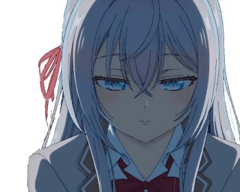 1girl alisa_mikhailovna_kujou animated animated_gif anime_screenshot blazer blue_eyes blush bow bowtie brown_jacket closed_eyes dot_nose female_focus grey_hair hair_ornament hair_ribbon huge_filesize jacket kiss leaning_forward long_hair long_sleeves looking_at_viewer open_mouth pov pov_kiss red_bow red_bowtie red_ribbon ribbon school_uniform seiren_academy_school_uniform shirt shirt_under_jacket simple_background solo solo_focus tokidoki_bosotto_roshia-go_de_dereru_tonari_no_alya-san white_background white_shirt