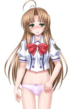 1girl ahoge antenna_hair blush bow bow_panties brown_hair choker game_cg green_eyes higuchi_isami kusunoki_sae large_variant_set long_hair looking_at_viewer mahou_shoujo_sae navel no_pants non-web_source official_art panties pink_panties school_uniform solo transparent_background underwear variant_set