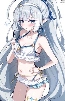 1girl absurdres bad_id bad_twitter_id bare_shoulders bikini blush breasts cleavage fang female_tyrant_(stella_sora) flying_sweatdrops grey_hair hairband hand_on_own_hip highres long_hair looking_at_viewer navel official_alternate_costume parted_lips pointy_ears sak_(lemondisk) simple_background solo stella_sora stomach swimsuit tyrant_(stella_sora) very_long_hair white_background white_bikini white_hairband