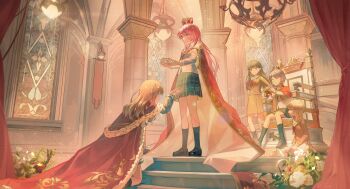 absurdres bang_dream! bang_dream!_it's_mygo!!!!! black_hair black_shoes black_socks blue_shirt blue_skirt breasts brown_dress brown_hair brown_shirt cang_(akaga204) cape capelet chandelier chihaya_anon chinese_commentary closed_eyes commentary_request crown dress green_skirt grey_eyes grey_hair grey_jacket grey_skirt hanasakigawa_school_uniform hand_on_own_hip hand_up haneoka_school_uniform highres indoors jacket kaname_raana kneehighs kneeling loafers long_hair long_sleeves medium_breasts mole mole_under_eye mygo!!!!!_(bang_dream!) nagasaki_soyo neck_ribbon on_ground own_hands_together palace pink_hair plaid_clothes plaid_skirt pleated_dress pleated_skirt purple_eyes red_cape red_capelet red_ribbon ribbon sailor_collar sailor_dress school_uniform serafuku shiina_taki shirt shoes short_hair sidelocks sitting skirt socks stained_glass standing takamatsu_tomori throne tsukinomori_school_uniform watermark weibo_watermark white_hair white_sailor_collar